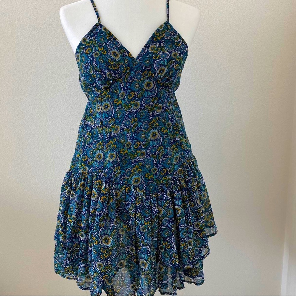 JAPNA Blue Floral Drop Waist Ruffle Hem Mini Sleeveless Boho Dress Sz Small